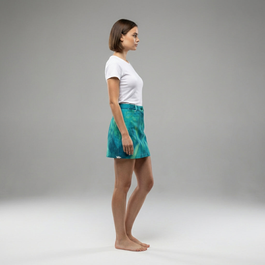 Denim Mini Skirt Turquoise Watercolors