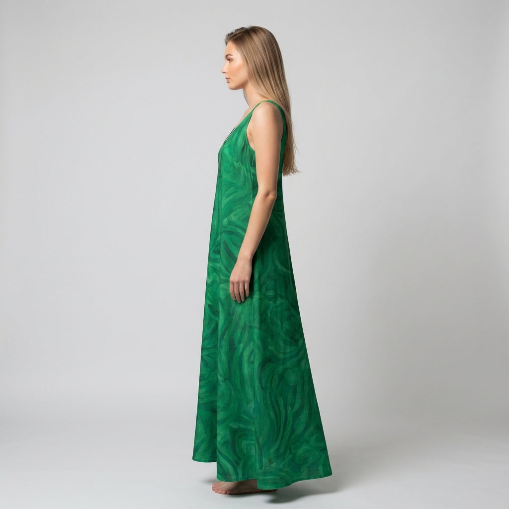 V-Neck A-Line Dress Dark Green Noddles