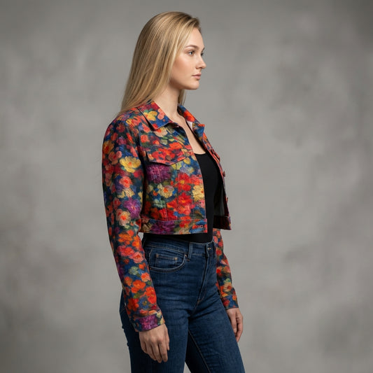 Cropped Jean Cotton Jacket Red Flower Bed