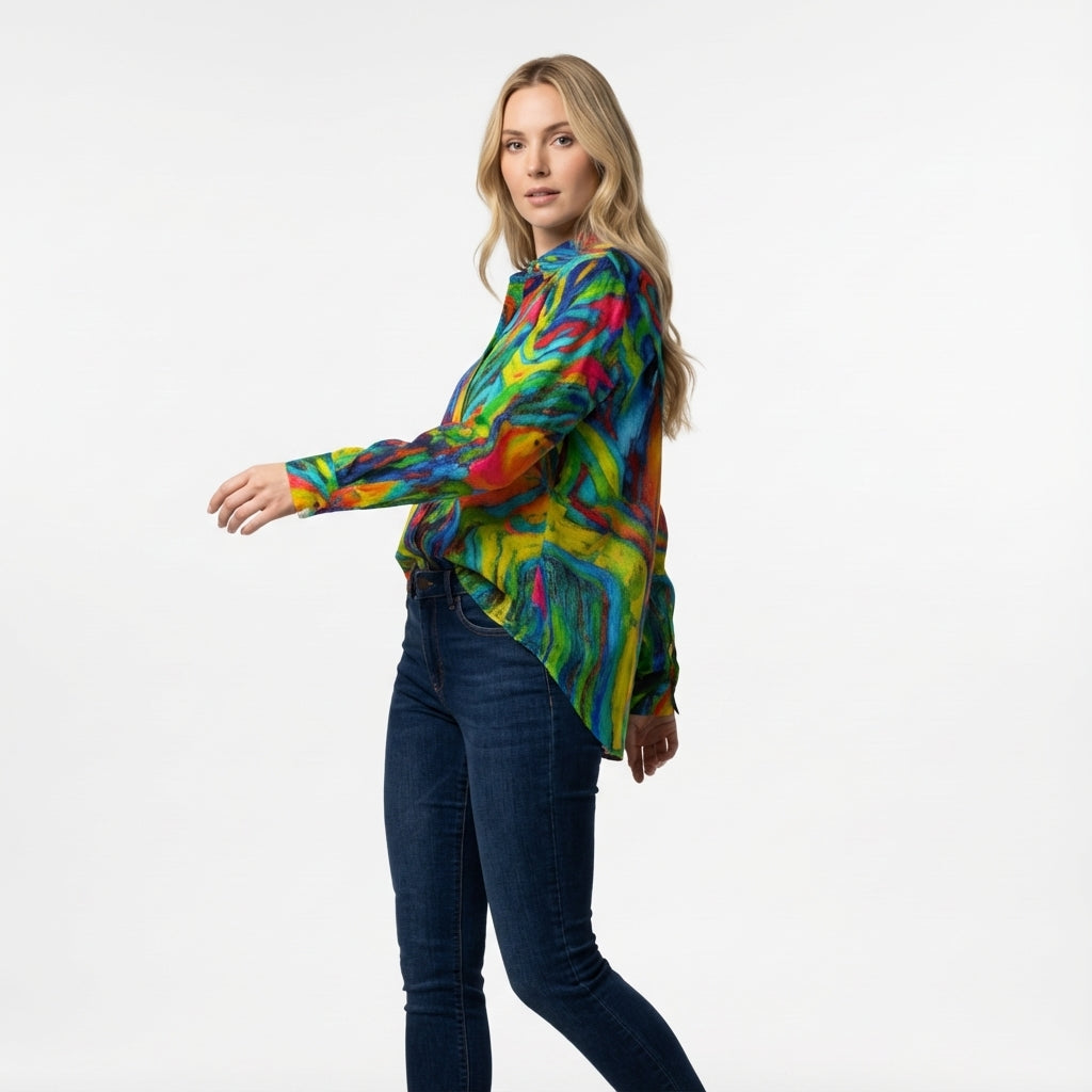 Women's Button Front Shirt in Organic Cotton Voile Green Jungle