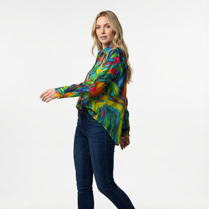 Women's Button Front Shirt in Organic Cotton Voile Green Jungle