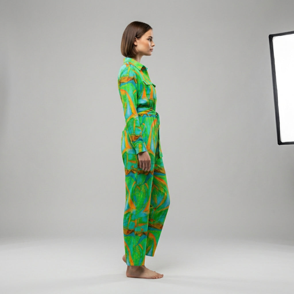 Lightweight Button Front Jumpsuit Palm Tree Island