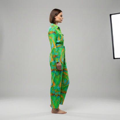 Lightweight Button Front Jumpsuit Palm Tree Island