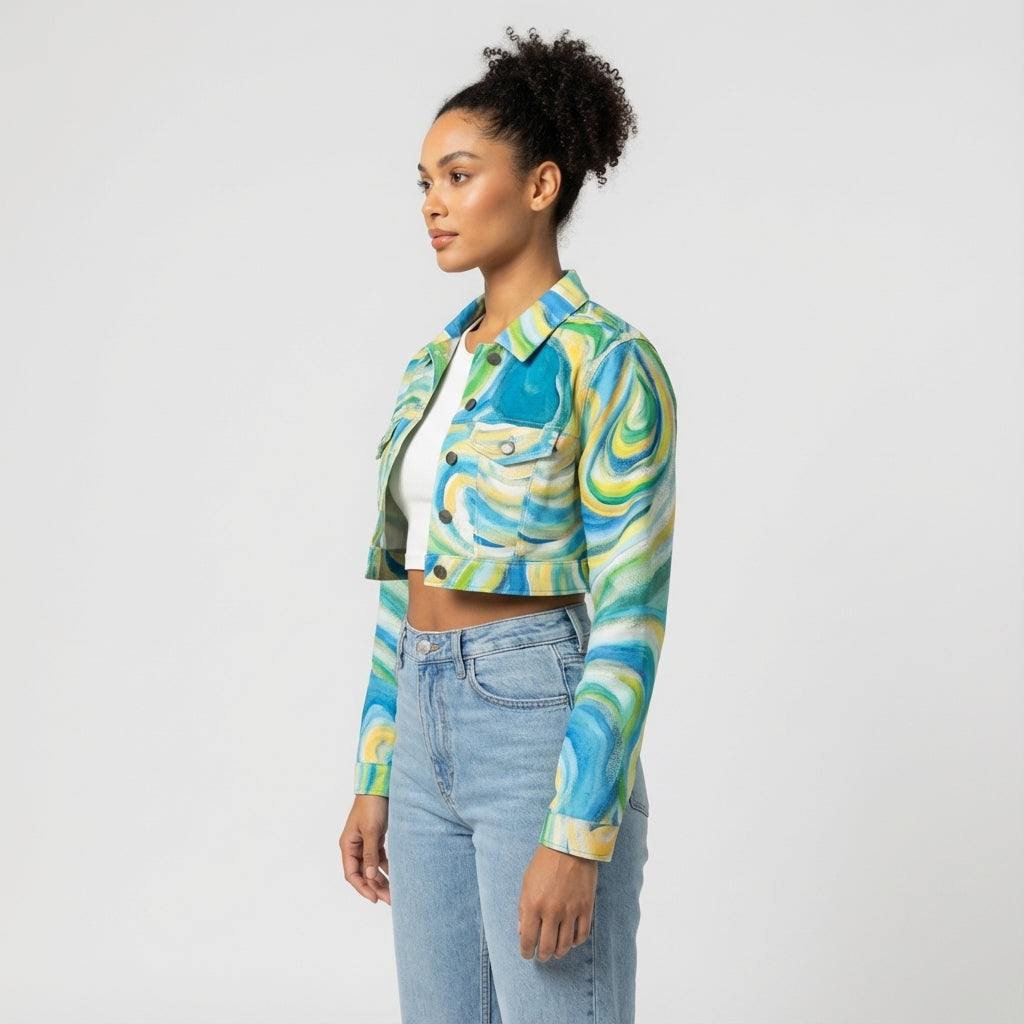 Cropped Jean Jacket Sea Swirls