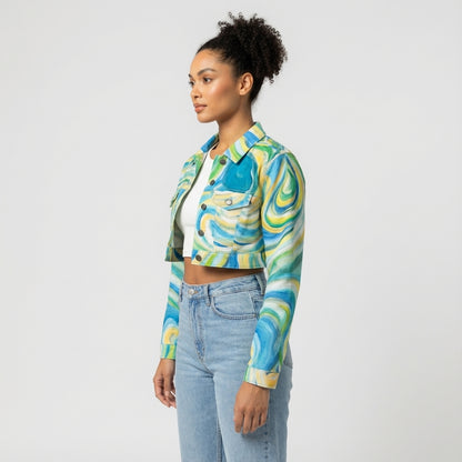 Cropped Jean Jacket Sea Swirls