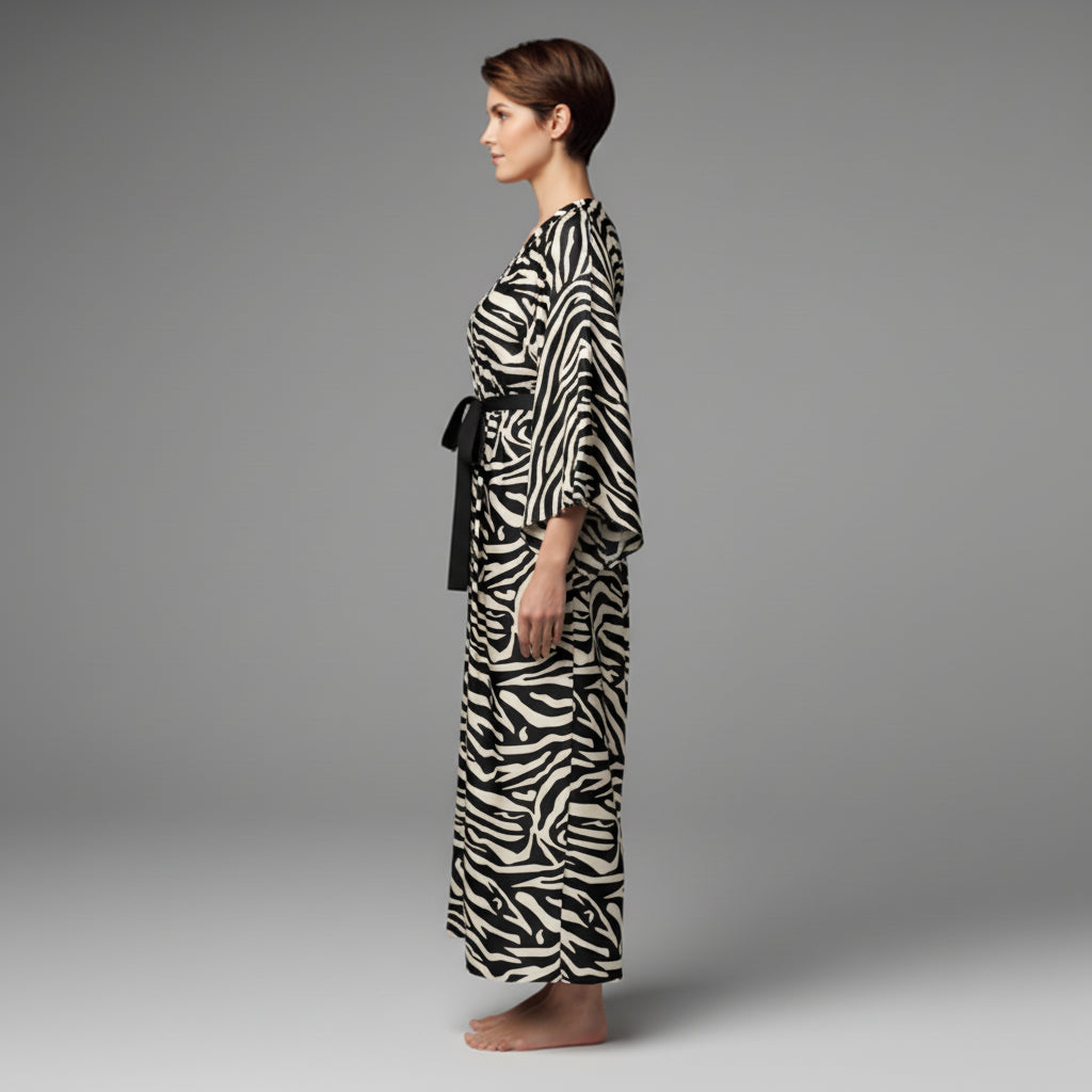 Kimono Sleeve Abaya in Ecovero Viscose Crepe – Black & Ivory Zebra Print