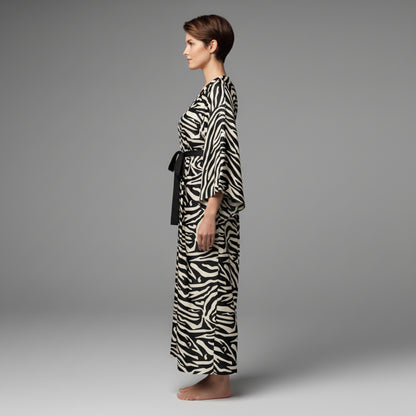 Kimono Sleeve Abaya in Ecovero Viscose Crepe – Black & Ivory Zebra Print
