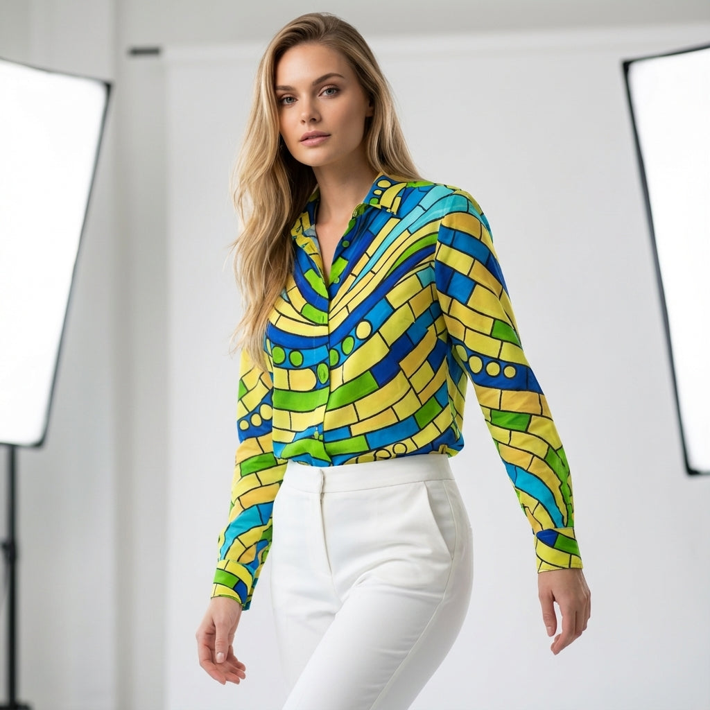 Women's Button Front Shirt Mosaic 4 – Organic Cotton Voile