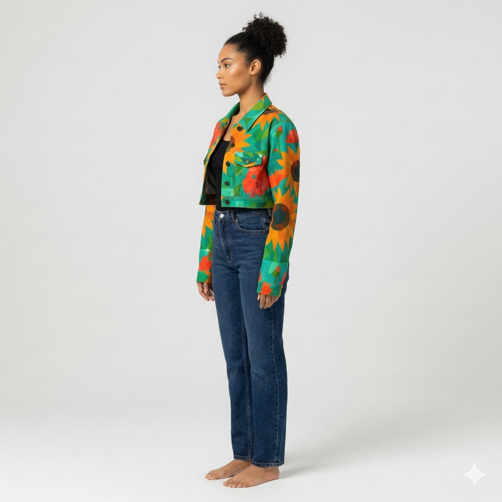 Cropped Jean Cotton Jacket Sunflowers