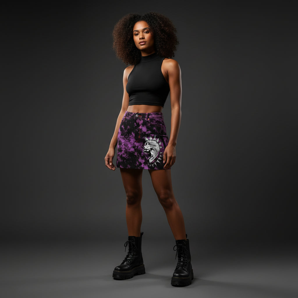 Purple Punk Skull Denim Mini