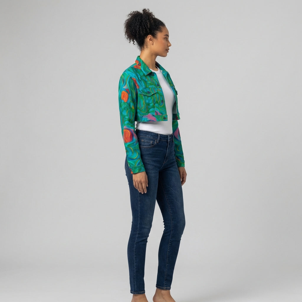 Cropped Jean Cotton Jacket Floral Swamp