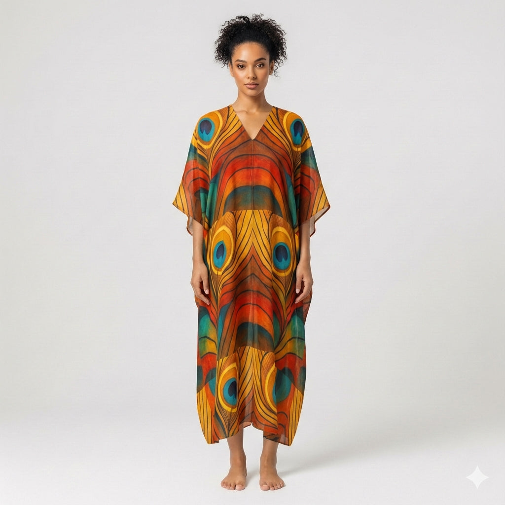 Caftan Yellow Peacock Feather in Lightweight Organic Cotton Voile
