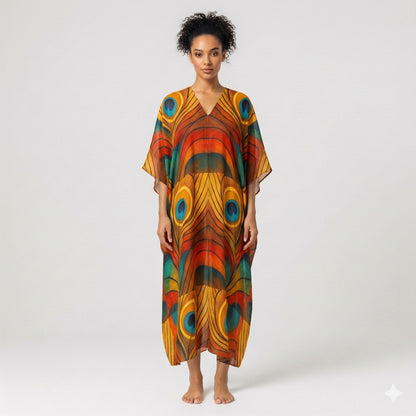 Caftan Yellow Peacock Feather in Lightweight Organic Cotton Voile