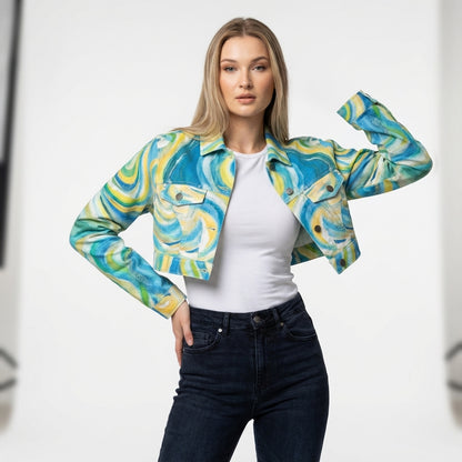 Cropped Jean Jacket Sea Swirls