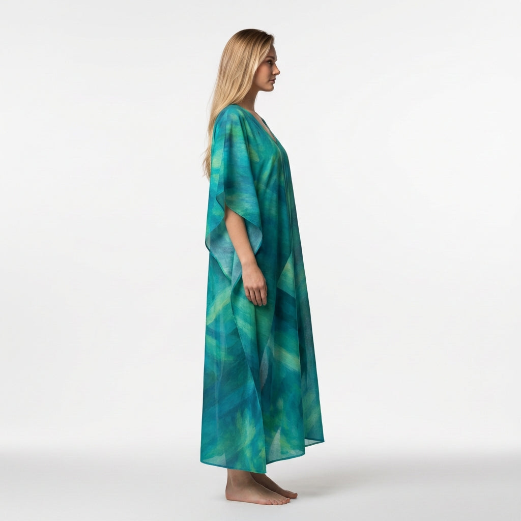 Caftan Turquoise Watercolors in Lightweight Organic Cotton Voile