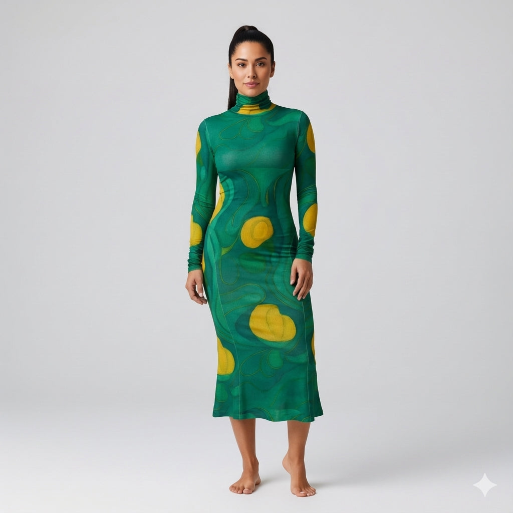  Sarong Maxi Turtleneck Body Con Dress Yellow Flowers