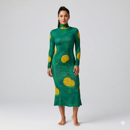  Sarong Maxi Turtleneck Body Con Dress Yellow Flowers