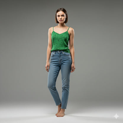Camisole Dark Green Noodles in Lightweight Organic Cotton Voile