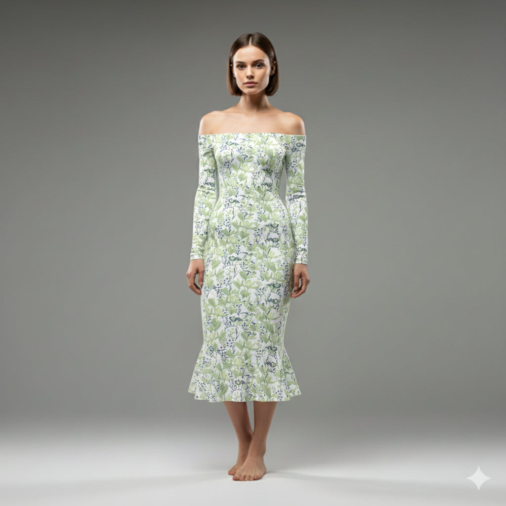 Off-Shoulder Jersey Dress with Side Contour Panels