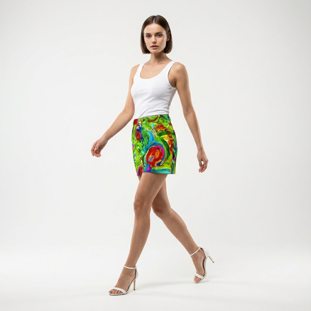 Denim Mini Skirt in Abstract Watercolor Print