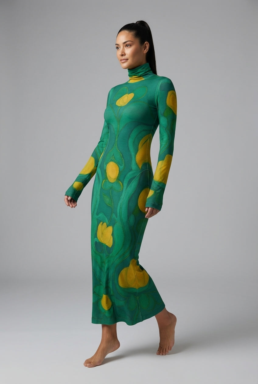  Sarong Maxi Turtleneck Body Con Dress Yellow Flowers