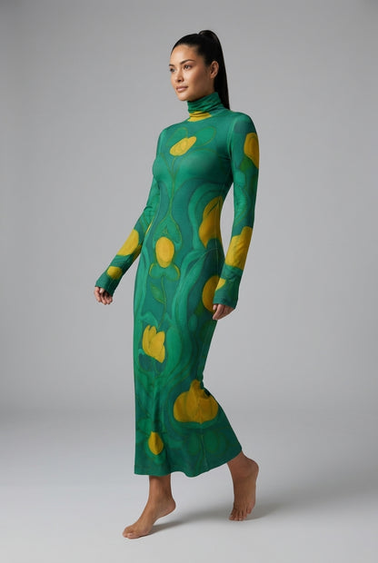  Sarong Maxi Turtleneck Body Con Dress Yellow Flowers