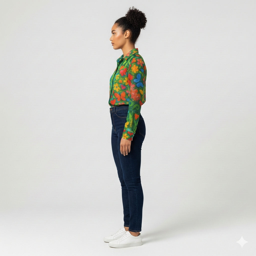 Button Front Shirt Butterfly Flowers