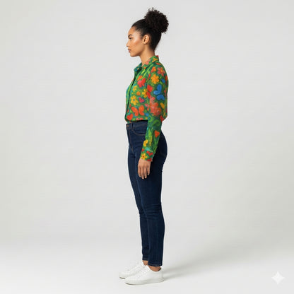 Button Front Shirt Butterfly Flowers