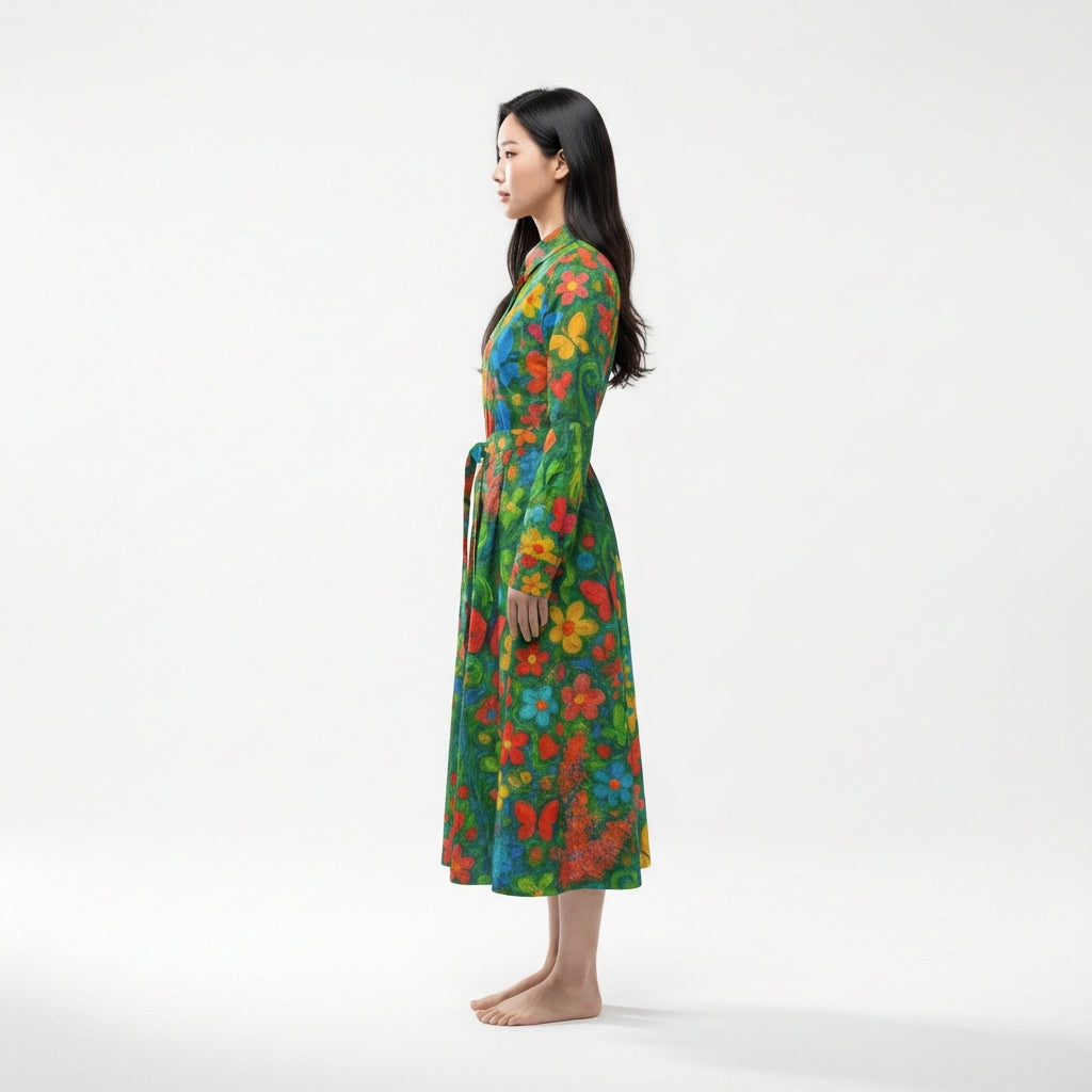 Button Front Shirt Dress Butterfly Flowers