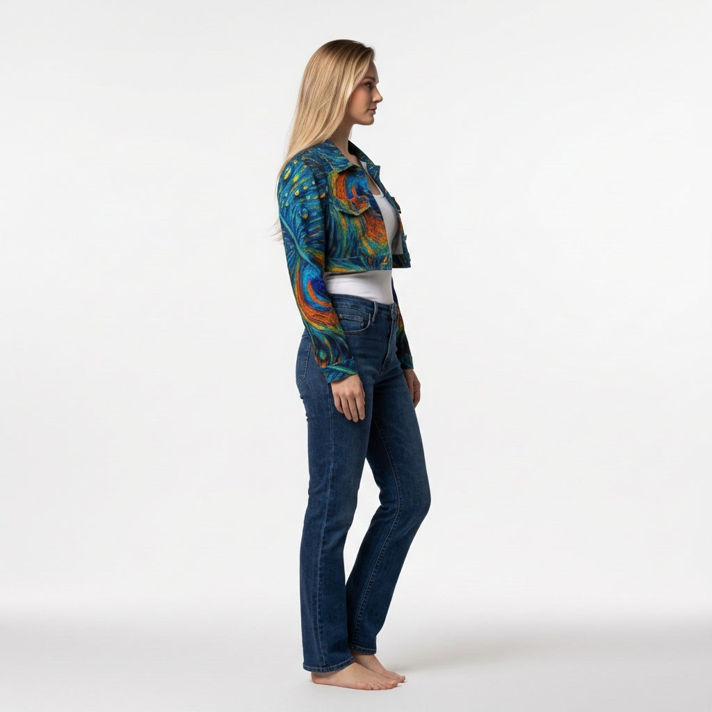 Cropped Jean Cotton Jacket Orange Peacock Feather