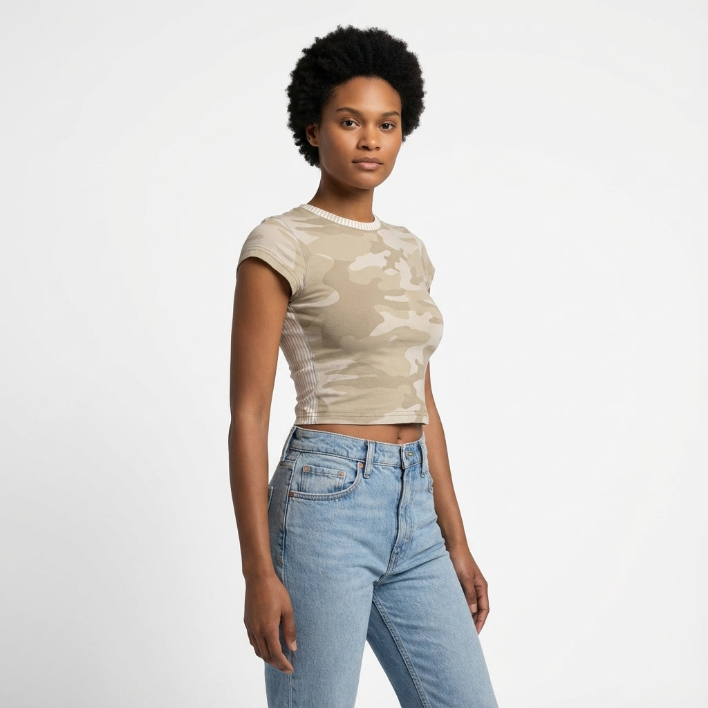 Camo Cropped Sleeve T-Shirt Half 'n Half