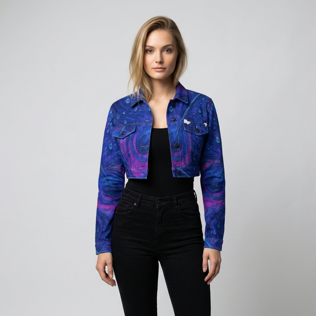Cropped Jean Cotton Jacket Blue Peacock Feather