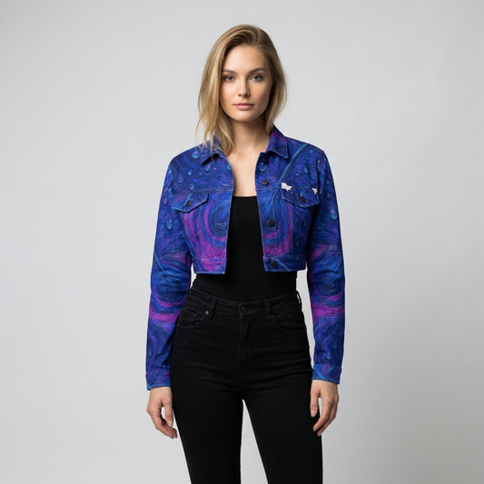 Cropped Jean Cotton Jacket Blue Peacock Feather