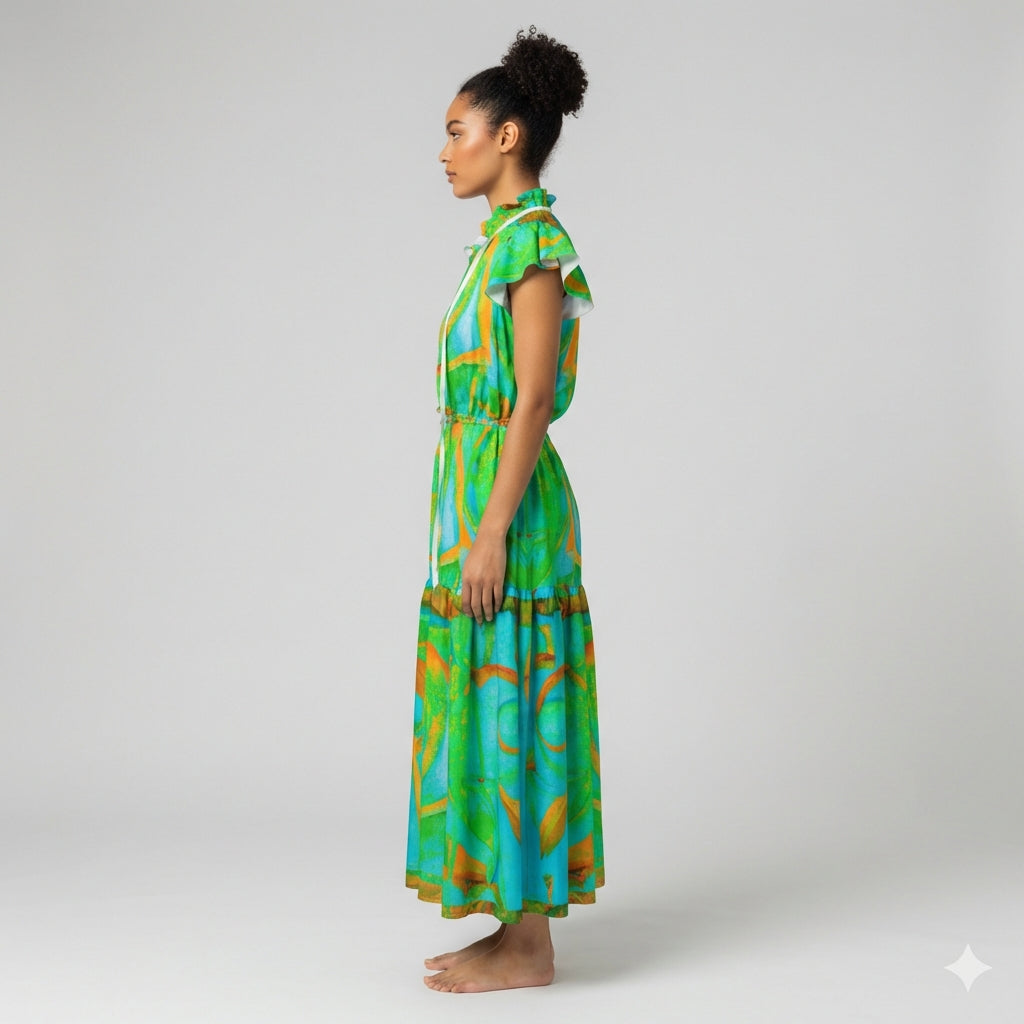 Ruffle Sleeve Dress Palm Tree Island