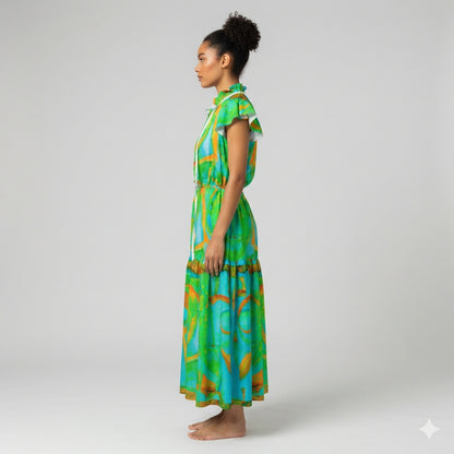 Ruffle Sleeve Dress Palm Tree Island
