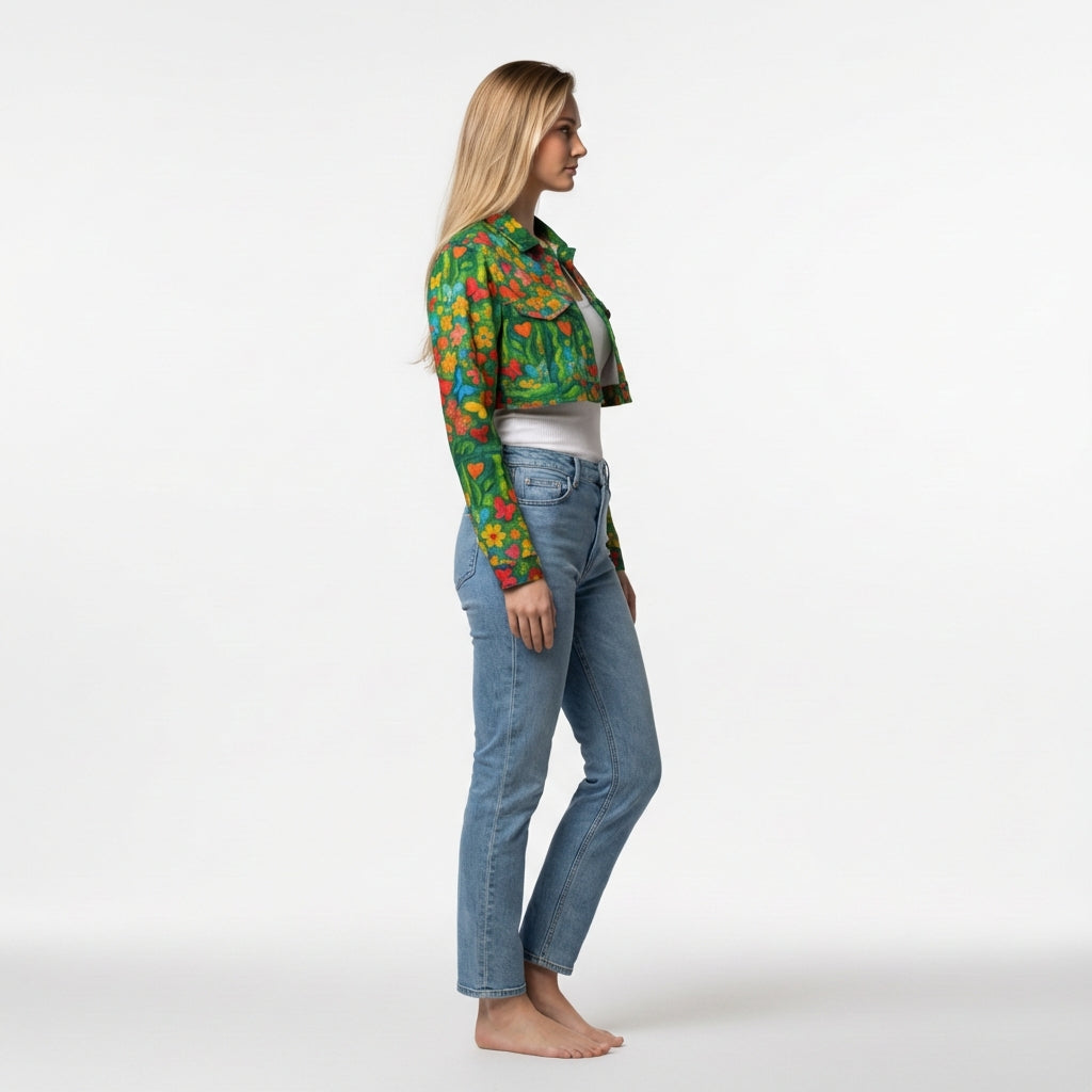 Cropped Jean Cotton Jacket Butterfly Flowers