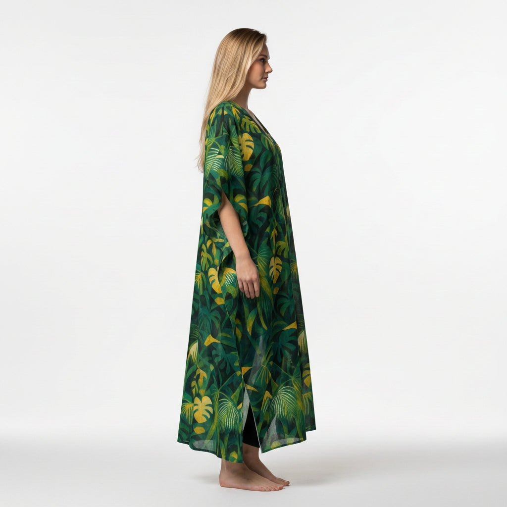 Caftan Green Leaves – Lightweight Organic Cotton Voile