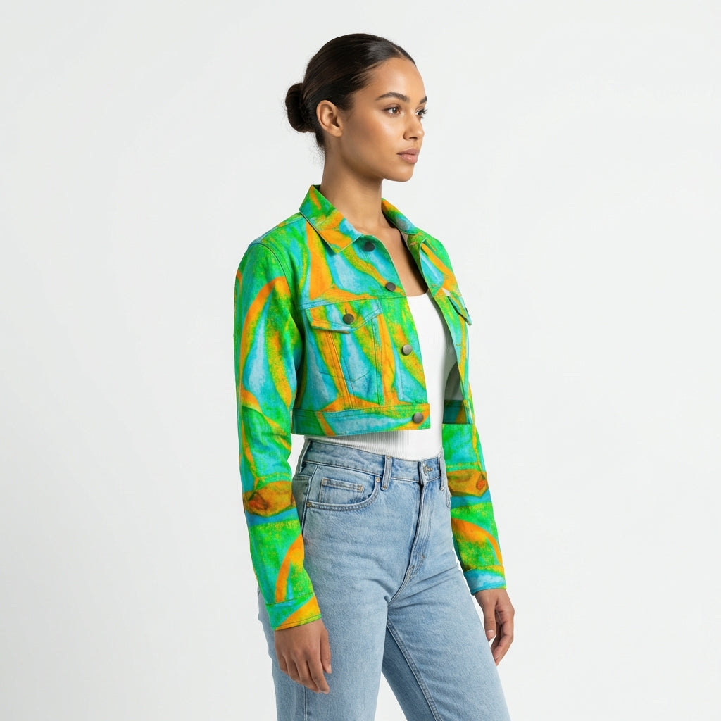 Cropped Jean Cotton Jacket Palm Tree Island