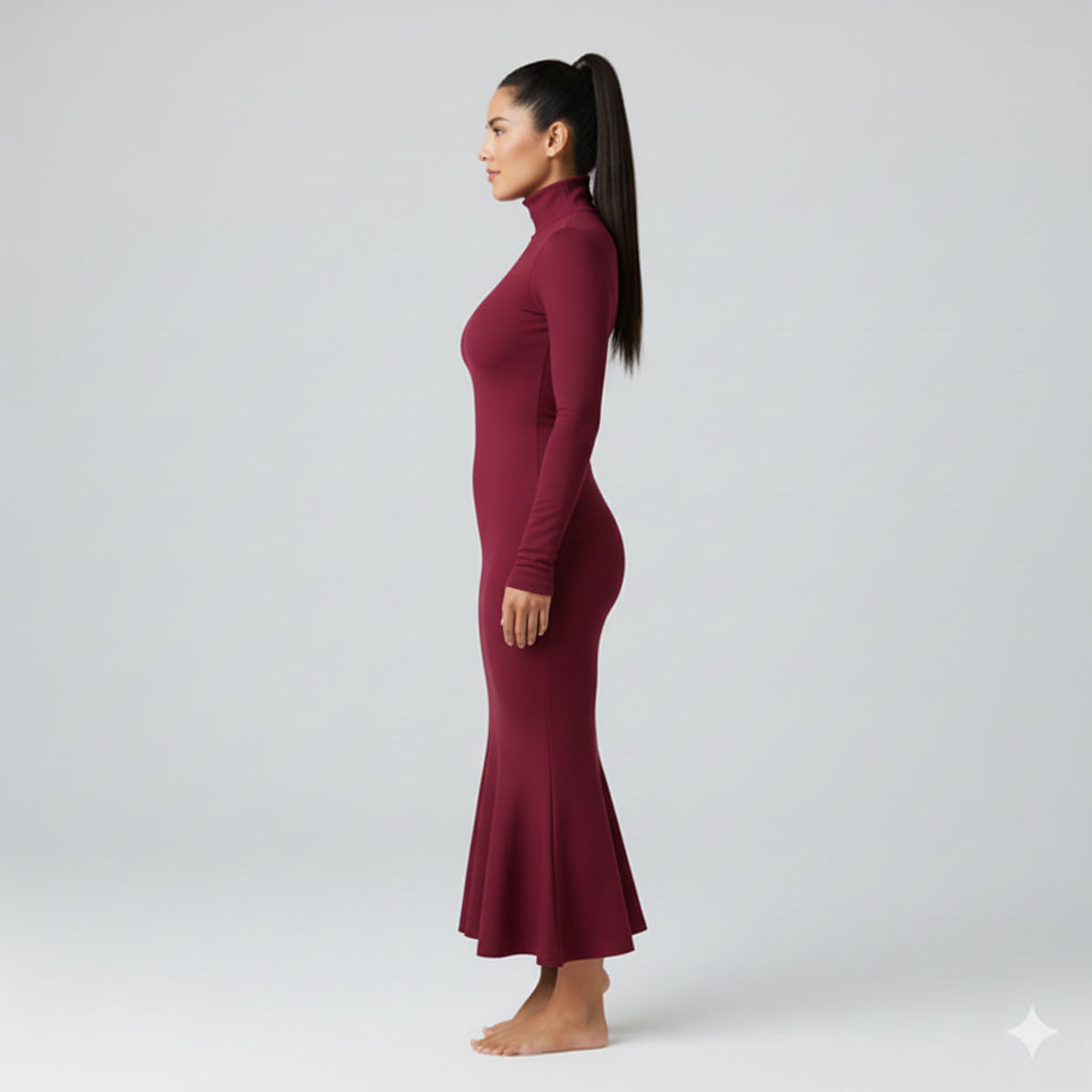 Turtleneck Body Con Dress in Mulberry Jersey