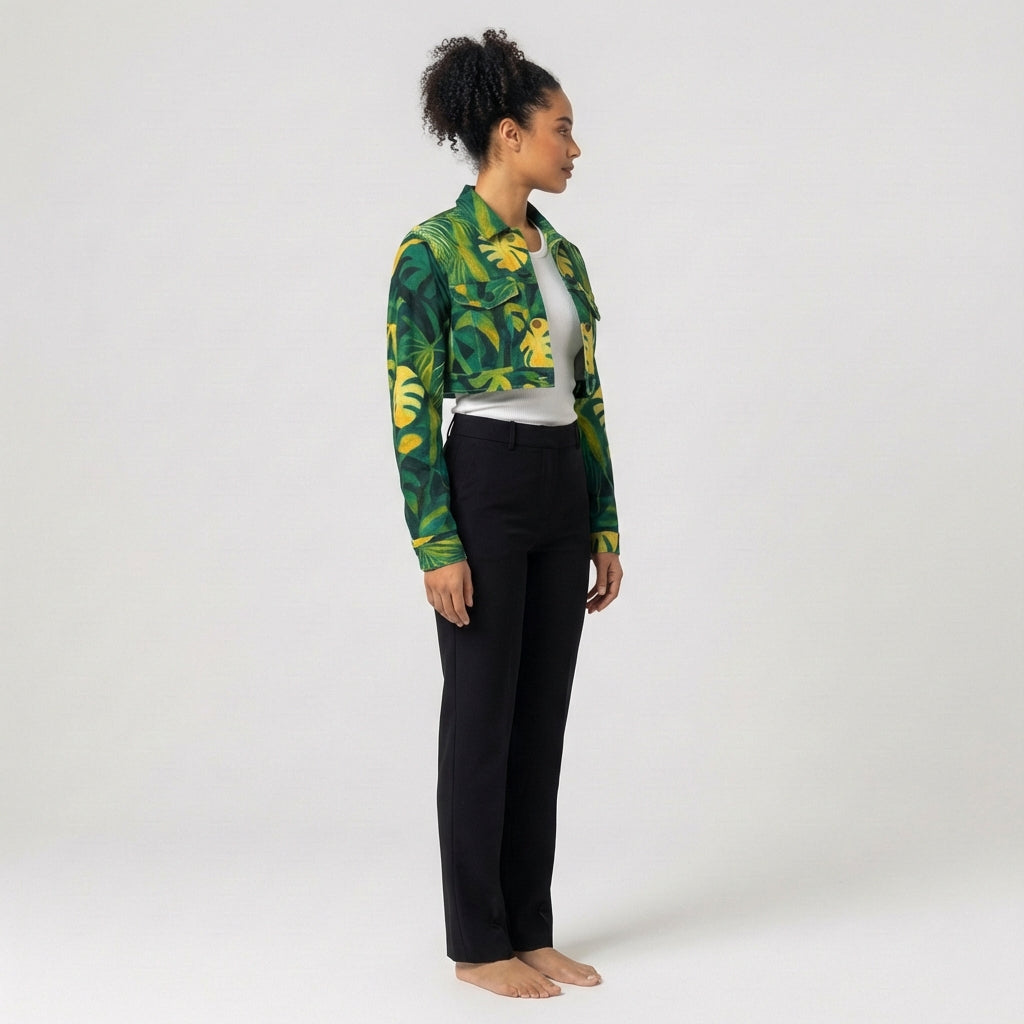 Cropped Jean Cotton Jacket Green Leaves
