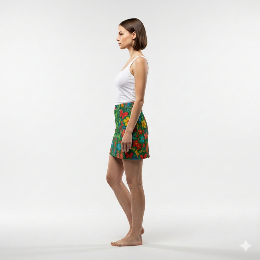 Denim Mini Skirt Butterfly Flowers