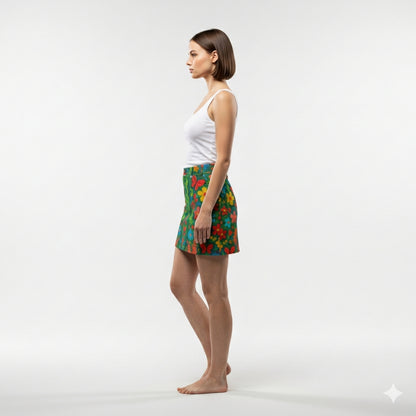 Denim Mini Skirt Butterfly Flowers