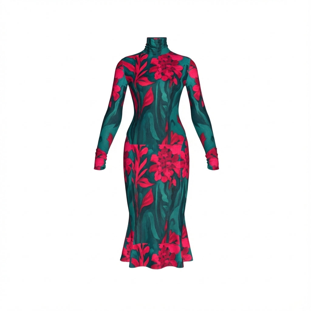 Sarong Maxi Turtleneck Body Con Dress Pink Flowers