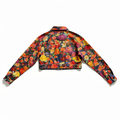 Cropped Jean Cotton Jacket Red Flower Bed