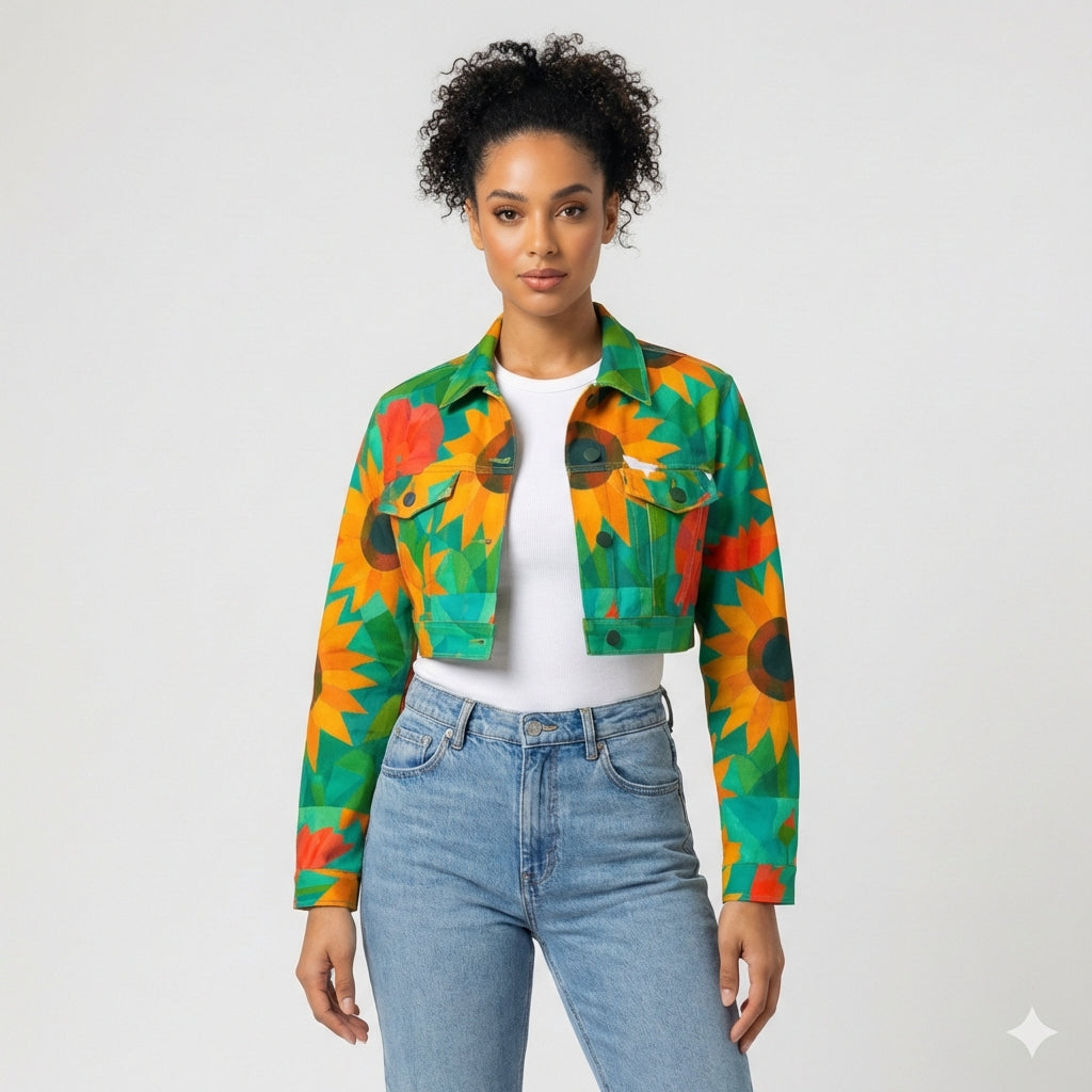 Cropped Jean Cotton Jacket Sunflowers