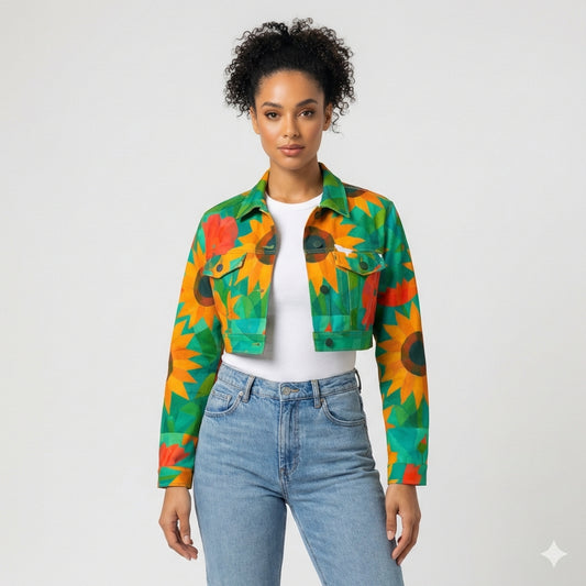Cropped Jean Cotton Jacket Sunflowers