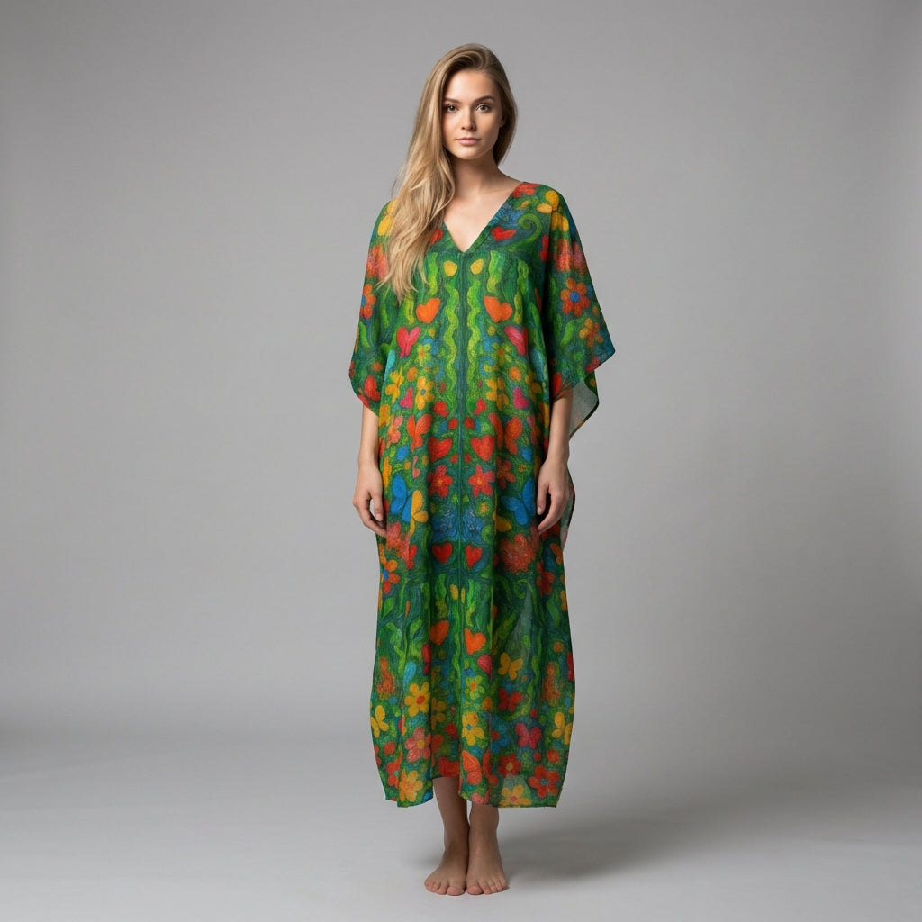 Caftan Butterfly Flowers in Lightweight Organic Cotton Voile