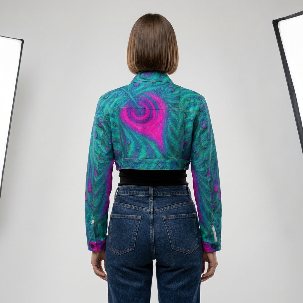 Cropped Jean Cotton Jacket Teal Peacock Feather
