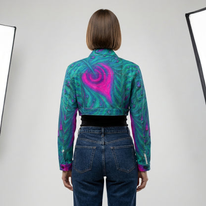 Cropped Jean Cotton Jacket Teal Peacock Feather