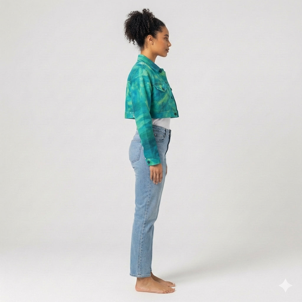 Cropped Jean Cotton Jacket Turquoise Watercolors